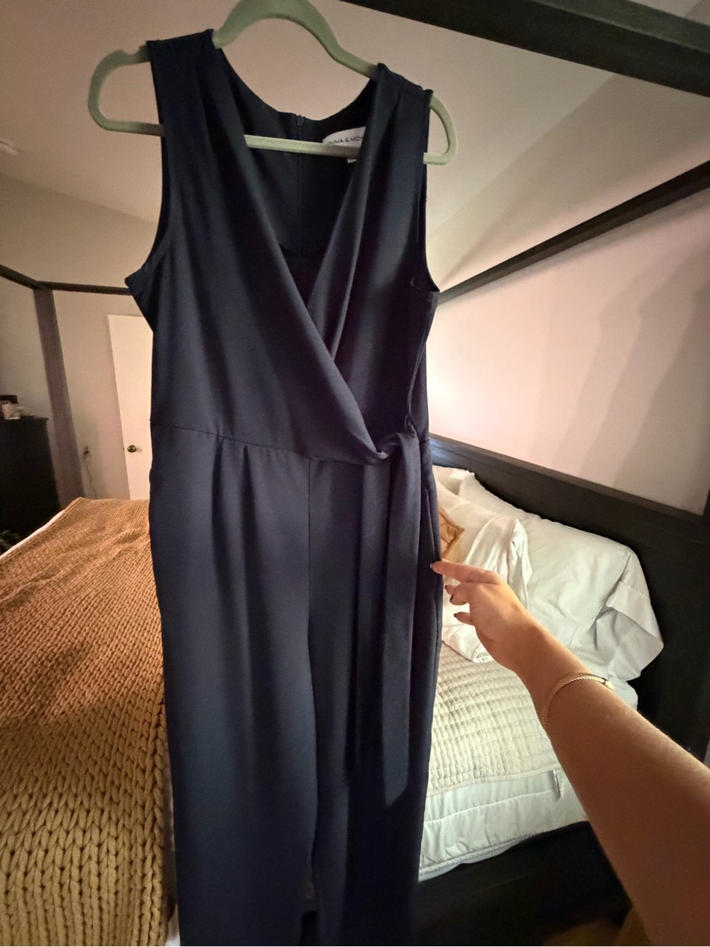 Aqua Sleeveless Navy Wrap Jumpsuit pants